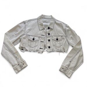 NWOT Kancan white denim cropped jacket with black stitching